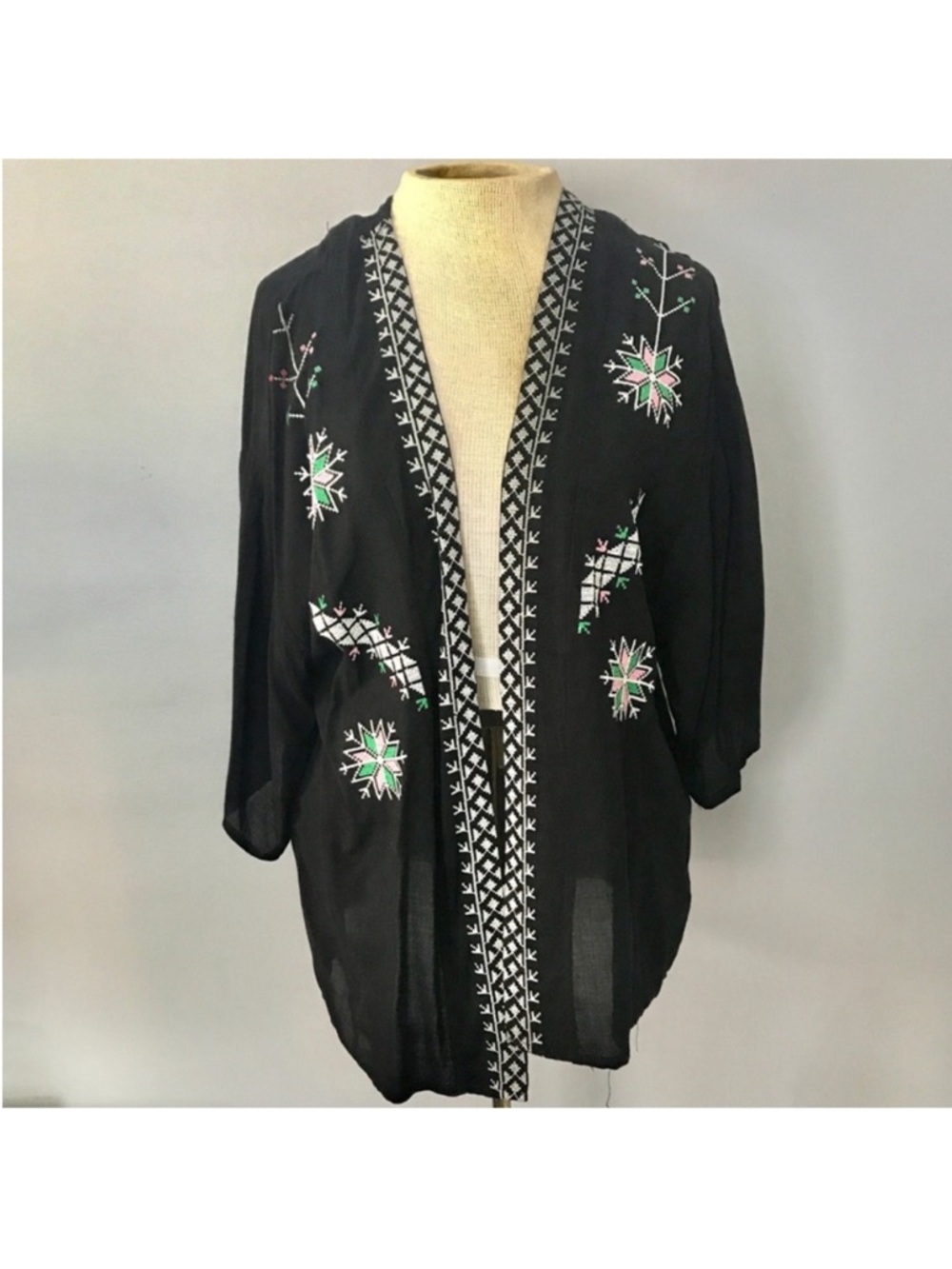 Blue Rain Black Kimono with pink/green/white stitching